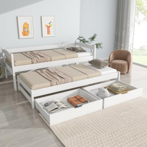 Kayan Schlafsofa 90x200 cm, Tagesbett mit 2 Schubladen, Kinderbett Funktionsbett mit Lattenrost, Ausziehbett Einzel und Doppelbett, Massivholzrahmen, für Mädchen & Jungen, Weiß