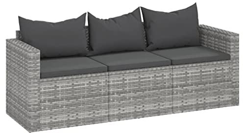 vidaXL Gartensofa 3 Sitzer, Sofa mit 3 Sitzkissen 3 Rückenkissen, Couch für den Außenbereich, Relaxsofa Dreisitzer, Grau Poly Rattan