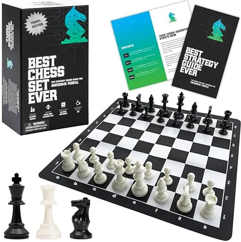 Best Chess Set Ever 1X – Reiseschach mit 15 Silikonbrett (Faltbar, rutschfest), König 7,7 cm – Leichtes & Robustes Schachspiel mit Strategieheft für Kinder & Erwachsene, Schule & Urlaub
