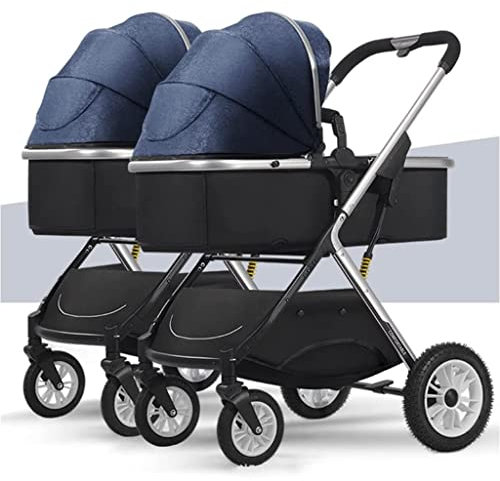 Side by Side Zwillingskinderwagen, Doppelkinderwagen for Säuglinge und Kleinkinder, abnehmbare 2 Einzelkinderwagen, faltbarer Kinderwagen mit verstellbarem Verdeck, Aufbewahrungskorb ( Color : Blauw )