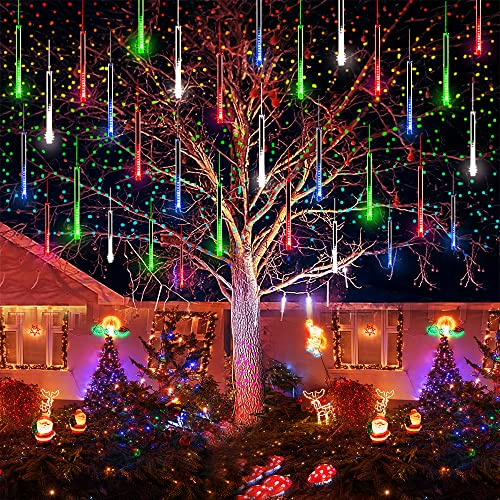 Kwaiffeo Outdoor Meteor Shower Lights - 240 LED 10 Tubes Icicle Christmas Lights, Expandable Tree Decorations for Xmas Home Party Holiday Garden, Multicoloured