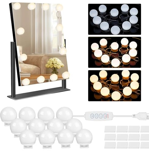 SPORWAY Lumière de Miroir Lampe Maquillage, LED Lumière Coiffeuse 12 Ampoules Intensité Variable, 3 Couleurs et 10 Luminosité Style Hollywood Lumière pour Salle de Bain