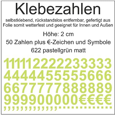 Aufkleber Sticker Klebezahlen Klebezahl Zahlen Zahl Nummern aus Folie 50 Zahlen grün pastellgrün matt Höhe 2 cm selbstklebend wetterfest Nummerierung Preisauszeichnung Beschriftung Modellbau