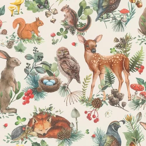 Kids Forest Walk Multicoloured Wallpaper - Naturistic Animal Print Flowers Leaves Mushrooms - Textured Paste The Wall