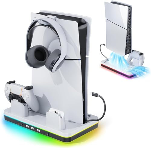 Mytrix Fast Charging Stand RGB Cooling Fan for PS5 Slim Console (Disc & Digital), PS5 Controller Charging Station, Controller Charger, 3 Speeds Cooling Fan, Headset Holder, RGB Lights & 3 USB Ports