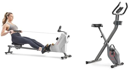 Sunny Health & Fitness Compact Folding Magnetic Rowing Machine, 130KG Max Weight+ Smart Folding X-Bike, Portable Compact Exercise Bike for Indoor Cycle, 14-Level Resistance