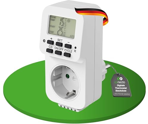 conecto Prise de Thermostat numérique, avec capteur Interne et minuteur, pour Terrarium, Serre, fumoir, Chauffage, régulateur de température, Gel, 3600 W, Blanc