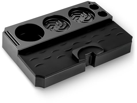 MICXNIC Tamperstation mit Silikon Tampermatte, ABS Tamper Station für 51-58mm Siebträger Zubehör, 8 Löcher Tamping Station für Barista Zubehör, 24x16x4.2cm, Schwarz