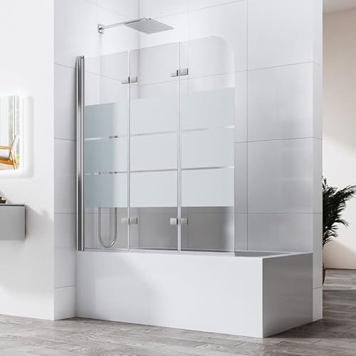 Gestreift Duschwand für badewanne, Duschwand 3 teilig faltbar Badewannen duschwand 130x140cm, 6mm ESG Glas Duschwand Badewanne Badewannenaufsatz Duschtrennwand Duschabtrennung für Badewanne
