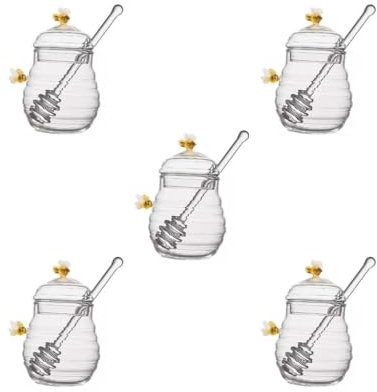 Adoorniequea Juego de 5 recipientes de almacenamiento de miel con cucharón y tapa, para jarabe de oficina en casa
