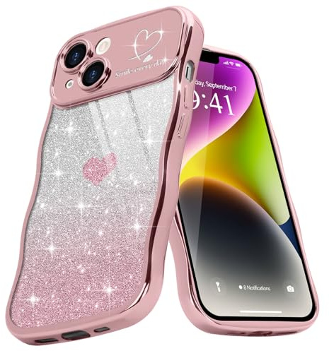 Teageo Cute Heart Pattern Curly Phone Case for iPhone 14, Wave Frame Glitter Case for Girls Women Aesthetic Bling Cover Shockproof Soft TPU Bumper for iPhone 14, Pink