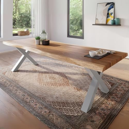trelevo Esszimmertisch 280x100 cm, Akazienholz massiv, Tischplatte naturfarben, echte Baumkante, X-Gestell Silber, Baumkantentisch
