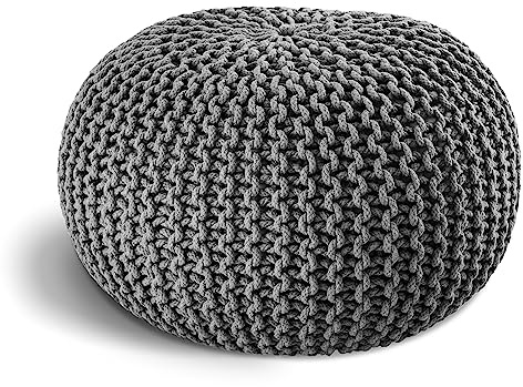 ELYFLAIR® handgefertigter Strickhocker Ø 55cm o. Ø 45cm I Sitzpouf Sitzpuff Bodenkissen Sessel Kissen Sitzhocker Sitzsack - mit eleganter Grobstrick-Optik - Dekoration Interieur (Hellgrau, Ø 45cm)