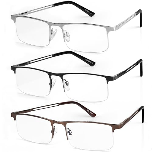 DJOLENSA 3er-Pack Lesebrillen herren damen, Blaulicht-Blocker, Metall halbrahmen Lesebrille mit Federscharnier & Etuis, schützt gegen Ermüdung/blendendes Licht/UV-Licht (Stärke +1.0