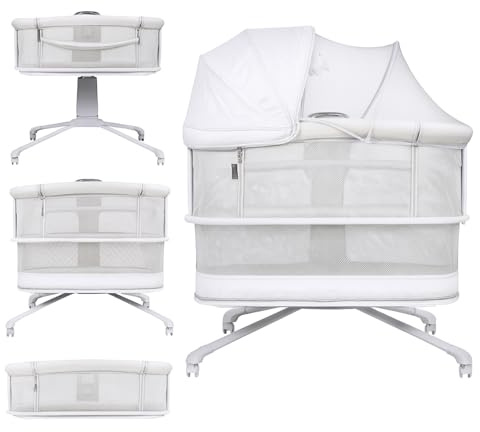Olmitos Mini Cuna Multifuncional para Bebé 4 en 1: Moisés, Minicuna Colecho, Parque de Juegos | Colchón Lavable, Balanceo Automático, Conectividad Smart y Capota con Mosquitera (Gris Claro)