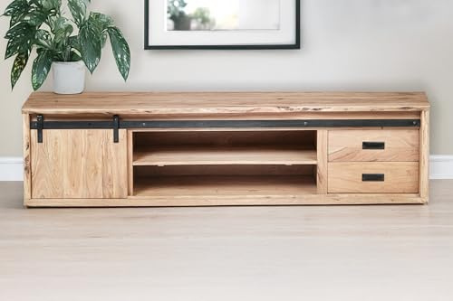 SAM TV-Board Lian II 200x55x50 cm, Akazie Natur Baumkante | 4 Fächer & 2 Schubfächer, Holz-Schiebetür, Lowboard/TV-Schrank mit gusseisernen Elementen, Akazienholz massiv