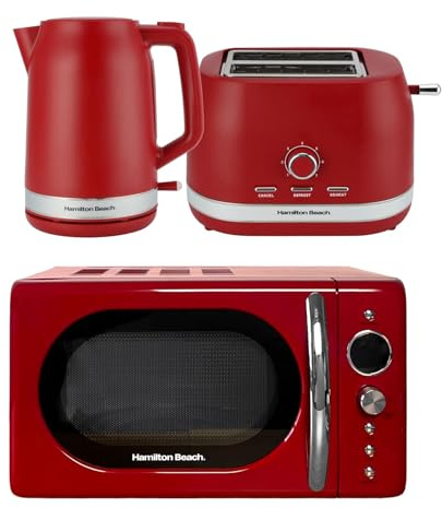 Hamilton Beach Kettle Toaster and Microwave Set, Ella, Electric Kettle 1.7L, Wide Slot Toaster 2 Slice, Microwave, 20L Retro, Kettle & Toaster Set, Red - ELLARB