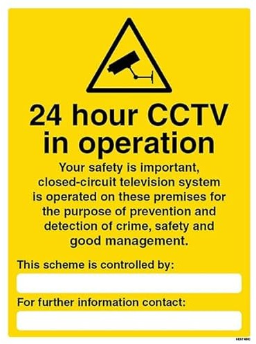 V Safety 24 Hour CCTV In Operation - Your Safety Is Important - Portrait 150 x 200 mm - 2mm Super-Tough Rigid Plastic Safety Sign