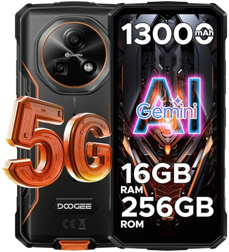 DOOGEE Fire 7 Rugged Smartphone 5G, Android 15 AI Rugged Phone, 13000mAh/18W, 16GB+256GB/2TB，6.6” HD+ 90Hz Octa-Core Android Phone, 64MP+16MP, Side Fingerprint, Face ID/OTG/NFC/Triple Card - Orange
