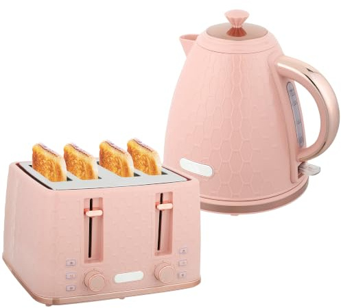 HOMCOM Kettle and Toaster Set 1.7L Jug Kettle 4 Slice Toaster Pink | 3000W, Fast Boil, Auto Shut Off, 7 Level Browning Controls, Crumb Tray, UK Otter Thermostat