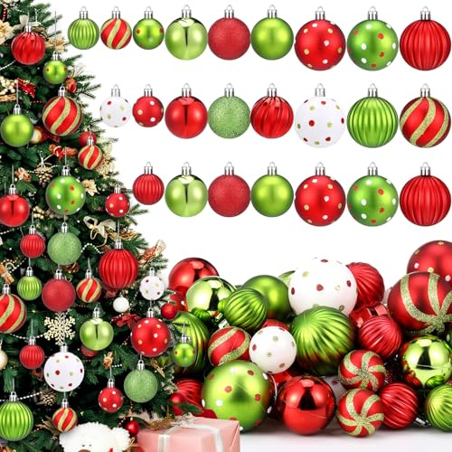 Juinte Weihnachtsbaumkugel-Ornamente 6 cm, 5 cm, 4 cm, Rot, Grün, glitzernde Weihnachtskugeln, Limettengrün, Weihnachtsbaumschmuck mit Aufhängeschlaufe für drinnen und draußen, Winterurlaubsdekoration