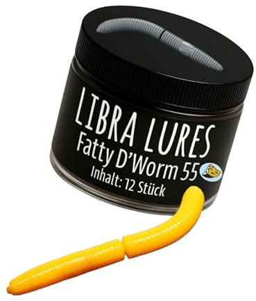 Libra Lures Fatty D`Worm Tournament 55mm Forellenköder Supersoft | 12 Stück | Aroma: Käse | Farbe: 008/ Dark Yellow | Gummiköder Neuheiten | Erfolgreicher Forellen Angeln mit dem Fatty