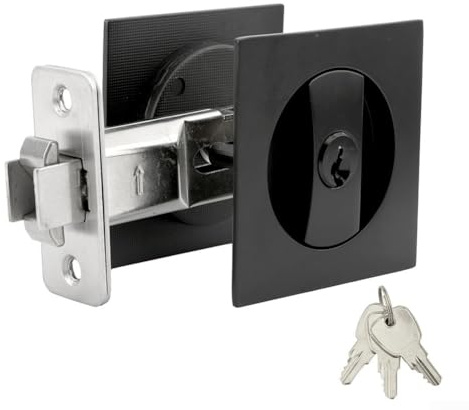 Serratura per porta scorrevole a tasca, chiavistello per porta scorrevole con buco della serratura e pomello, per porte interne in legno, maniglia da incasso da 66 mm (nero)
