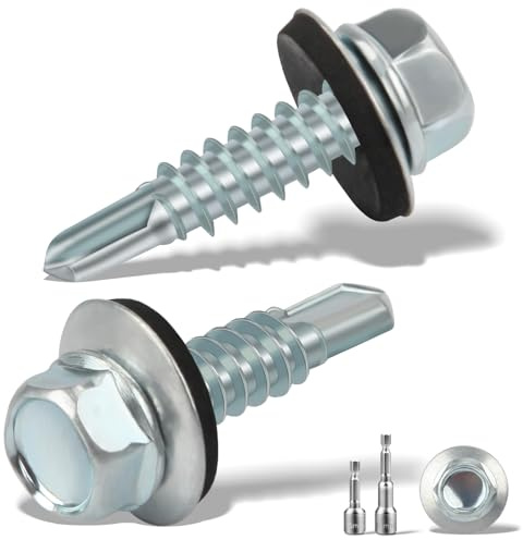 Sturiz Lot de 100 vis auto-taraudeuses pour tôle 6,3 x 25 mm avec rondelle d'étanchéité + 2 pièces Ensemble de clés à six pans M10 galvanisées vis autoperceuses (argent)