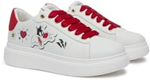 Braccialini Sneakres Lt Sneakers Bianca dal Design energico e Divertente, Decorata con la Stampa di Silvestro, Cuori, Stelle e fulmini. I Dettagli Rossi a Contrasto donano Un Tocco audace a Questo