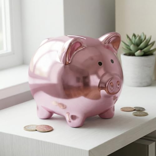 MIJOMA Spardose Schwein glänzend Mattes Metall-Finish aus Keramik 8 x 6,5 cm stylische Sparbüchse mit Stopper modernes Design Geschenkidee für Kinder & Erwachsene (Rosé)