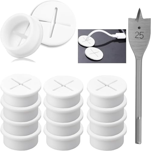 KIMHOME Paquete de 12 pasacables, pasacables de silicona blanca para pared de 25 mm, cubierta flexible para escritorio y pared con broca para ordenador escolar y oficina.
