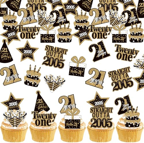 Xsstarmi 63 Pack 21st Birthday Edible Cupcake Toppers Rice Paper Straight Outta 2005 Made In 21 Hello Cupcake Picks for Cheers to 21 Years Birthday Party Cake Decorations Supplies