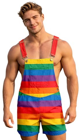 Men's Rainbow Print Short Dungarees | LGBTQ Pride Month Overalls with Pockets | Straight Leg Loose Fit Summer Work Trousers | Colourful Streetwear Funky Bib & Brace for Beach Holiday & Party