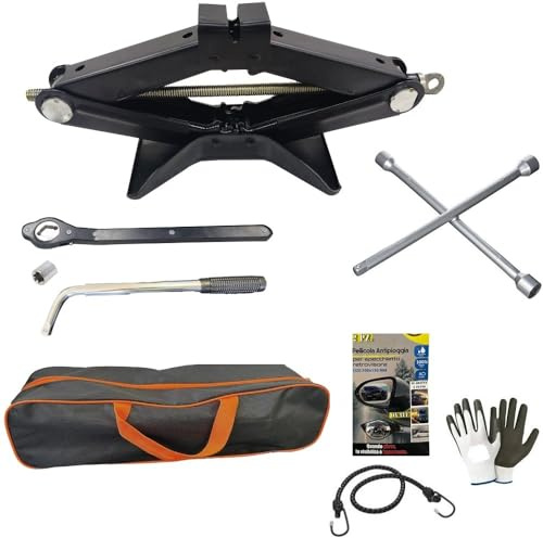 CRIC A PANTOGRAFO DA 2 TONNELLATE+CHIAVE A CROCE PER SVITARE BULLONI AUTO CRIK CON CRICCHETTO E CHIAVE INGLESE COMPATIBILE CON LANCIA KIT AUTO SET SOLLEVAMENTO GOMME