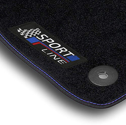 Bär-AfC Auto Fußmatten Sport Line passend für Opel Astra Typ H/auch GTC 2004-2010, Autoteppiche Nadelvlies Schwarz, Bandeinfassung mit Blauer Ziernaht, Stick Blau & Rot, Set 4-teilig, OP02728