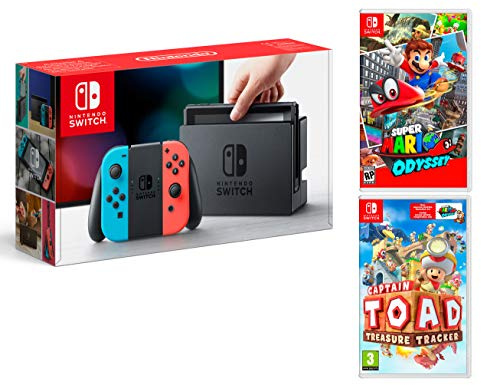 Nintendo Switch Rouge/Bleu Néon 32Go Pack + Super Mario Odyssey + Captain Toad: Treasure Tracker