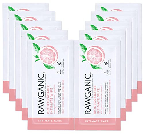 RAWGANIC Organic Intimate Hygiene Wipe Sachets | Gentle Ph Balanced, Fragrance-Free, Alcohol-Free, Flushable & Biodegradable Intimate | Set of 10 Individually Wrapped Sachets