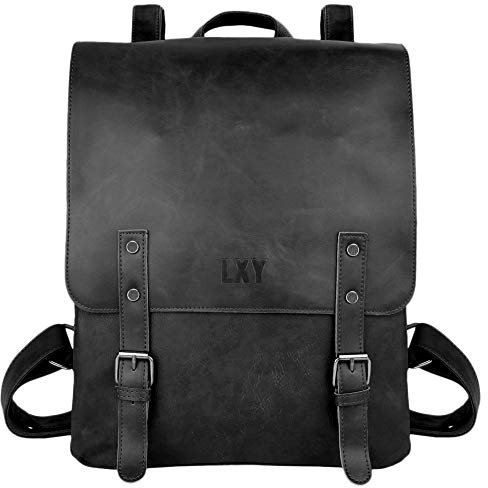 LXY Vegan Leather Backpack Vintage Laptop Bookbag for Women Men - Black - One Size…