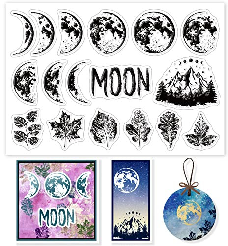 GLOBLELAND Mond Klare Stempel für DIY Scrapbooking Dekor Mondphasen Neumond Herbst Berge Ahornblätter Transparente Silikonstempel für die Herstellung von Karten Fotoalbum Dekoration