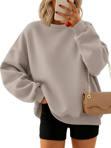 Trendy Queen Sweatshirts for Women Hoodies Oversized Crewneck Tops Sweaters Comfy Fall Winter Outfits Clothes 2026 Fashion CoffeeGrey L
