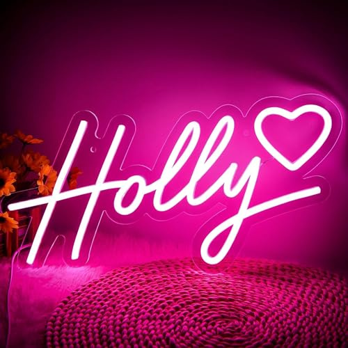 ATTNEON Large Holly Name Neon Sign for Wall Decor,LED Name Holly Neon Light for Kids Bedroom,Birthday Party Decoration,Neon Sign Customizable for Girl,Birthday Name Deocr,Size 16.1 * 8.5 inch(JTD045)