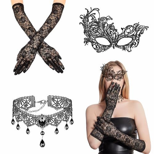 PEFOLOC 3 Stück Halloween Steampunk Damen Zubehör,Spitze Kette Vintage Choker,Gothic Netzhandschuhe,Lace Maske,Halloween Gothic Zubehör,Damen für Halloween Fasching Karneval Maskerade