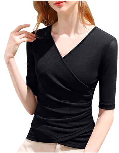 NZYIHAO Pull pour femme - Col en V - Élégant - Couleur unie - Hauts d'été - Coupe ajustée - T-shirt à manches courtes - Pull léger - Grandes tailles - Tunique - Chemisier long pour femme, Noir , S