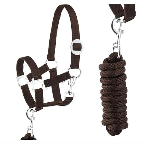 JA Horse JA4001 Essential Halfter Set Karabinerhaken, Braun, Pony | Verstellbares Pferdehalfter mit Führstrick & Karabinerhaken, Essential Anbindestrick für Pferd & Holzpferd