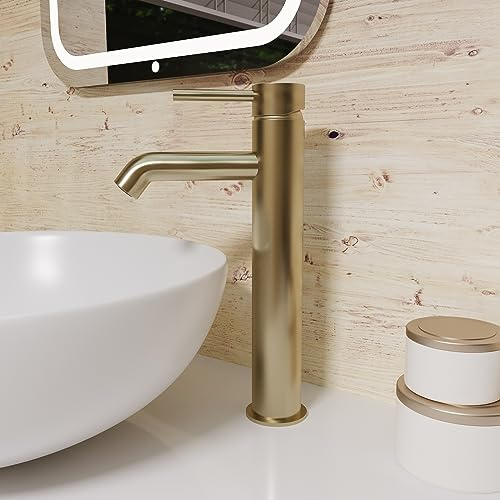 Nes Home Modern Countertop Brushed Brass Tall Round Single Lever Basin Mono Mixer Tap