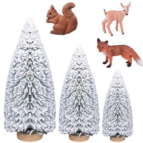 jenich 6 Stücke Weihnachten Mini Figuren Mini Weihnachtsbaum Tannenbaum Künstlich Ornament Miniatur Hirsch Fuchs Eichhörchen Klein Weihnachtsfiguren Tier Weihnachtsschmuck zum Basteln Tischdeko