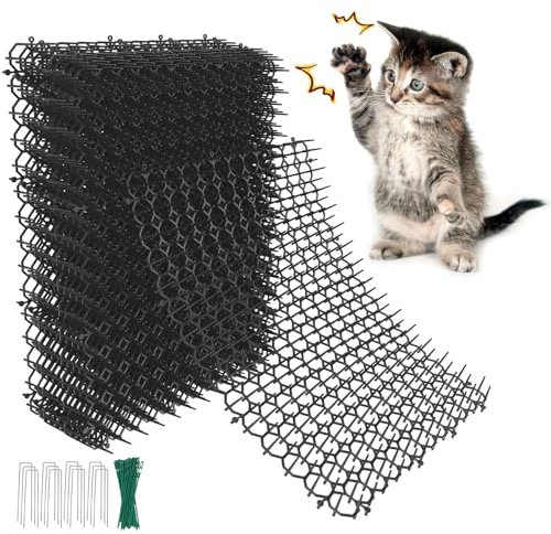 12 Pcs Anti Cat Spikes, 7.9x5.9 Plastic Cat Scat Mat with Spikes Anti Cat Mat Cat Garden Spikes, Cat Deterrents Net with 12 U-Shaped Pegs for Garden, Fence, Indoor & Outdoor