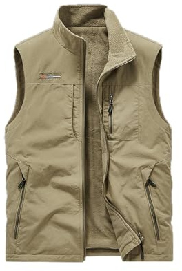 Vivikivi Fleece-väst för män för män vattentät varm ärmlös jacka med fickor vändbar kroppsvärmare för fiske fotografi utomhussport, Khaki, 4XL
