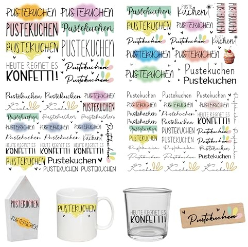 FloraVigo Rub On Sticker ca.A5 19x14cm-Sprüche für Raysin, Keraflott, Hochzeit, Zuhause, Wischfolie für Möbel, Glas, Holz, Fotoalbum, DIY Deko, Aufkleberästhetik(4PCS) (PUSTEKUCHEN)