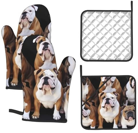 Ofenhandschuhe und Topflappen, englische Bulldoggen, 4er-Set, hitzebeständige Küchenhandschuhe, heiße Pads, rutschfeste Kochhandschuhe und Pfannenständer, Kochen, Backen, Geschenke für Frauen und